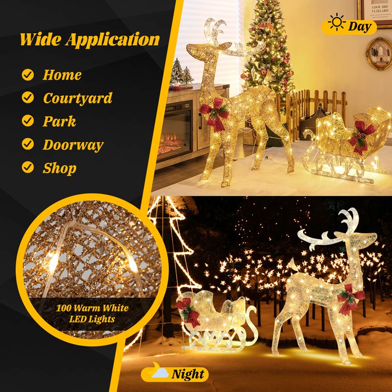 Santa Sleigh With Reindeer Tabletop Decor - LED Lighted Christmas Display 9.5"H