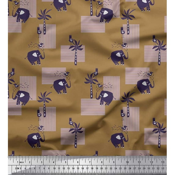 Soimoi Cotton Voile Fabric Bird,Coconut Tree & Elephant Kids Printed Craft Fabric by The Yard 42 Inch Wide