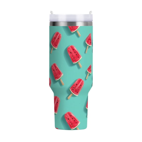 40 oz Tumbler With Handle Stainless Steel Insulated Tumbler With Lid for Car Cup Holder Watermelon Popsicle Pattern