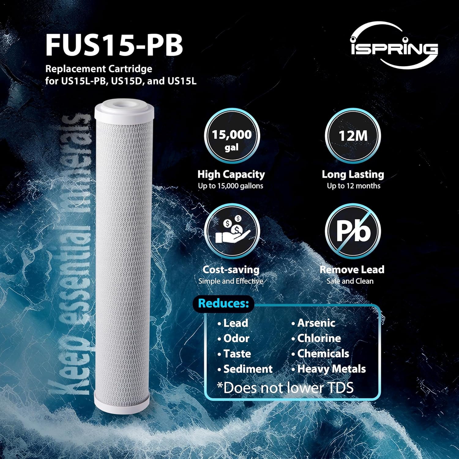 iSpring FUS15-PB Replacement Filter with MetSorb® Media for US15L-PB Under Sink Water Filter, Reduces Lead, Arsenic, Chlorine, Bad Taste & Odor, 15K Gallons High Capacity