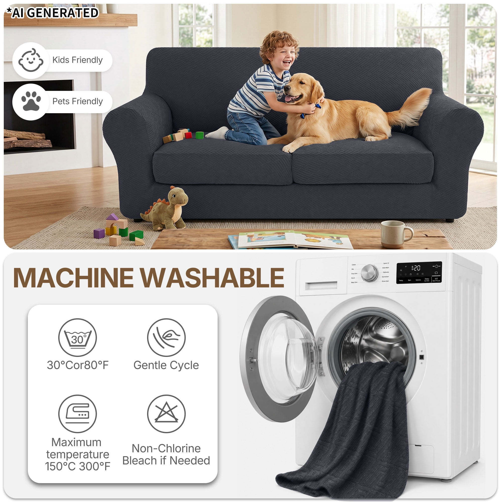 JIATER 2-Piece Armchair Sofa Cover Stretch Couch Cover Washable Sofa Slipcover Furniture Protector with 1 Cushion Cover,Dark Gray