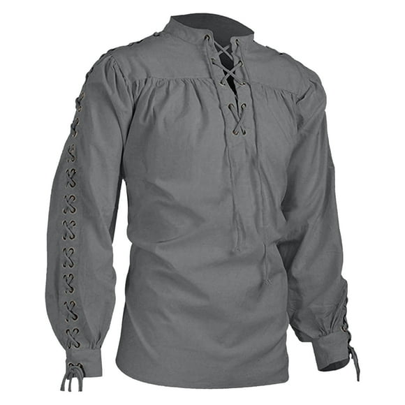 Ploknplq Men's Leisure Pirate Shirt Medieval Renaissance Relaxed Fit Hip Length Poet Collar Long Sleeve Lacing Gray S
