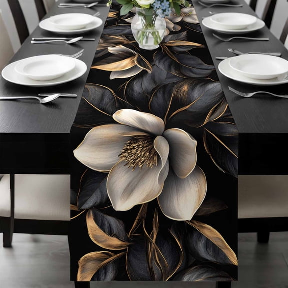 Black Gold Flower Table Runner 72 Inches Long, Gradient Luxurious Floral Botanical Kitchen Coffee Dining Table Decoration for Home Party Birthday Wedding Home Decor 18x72 Inches