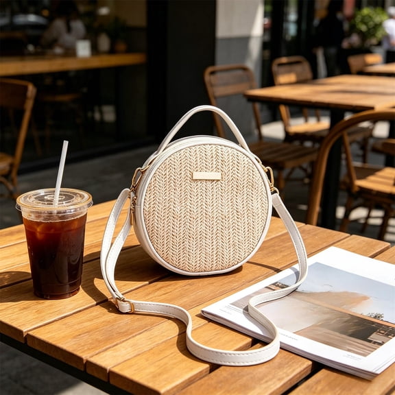 TONGYIJIA Woven Handbag, Round Crossbody Bag, Straw Circle Purse, Boho Shoulder Bag, Textured Tote, Small Summer Bag for Travel Beach