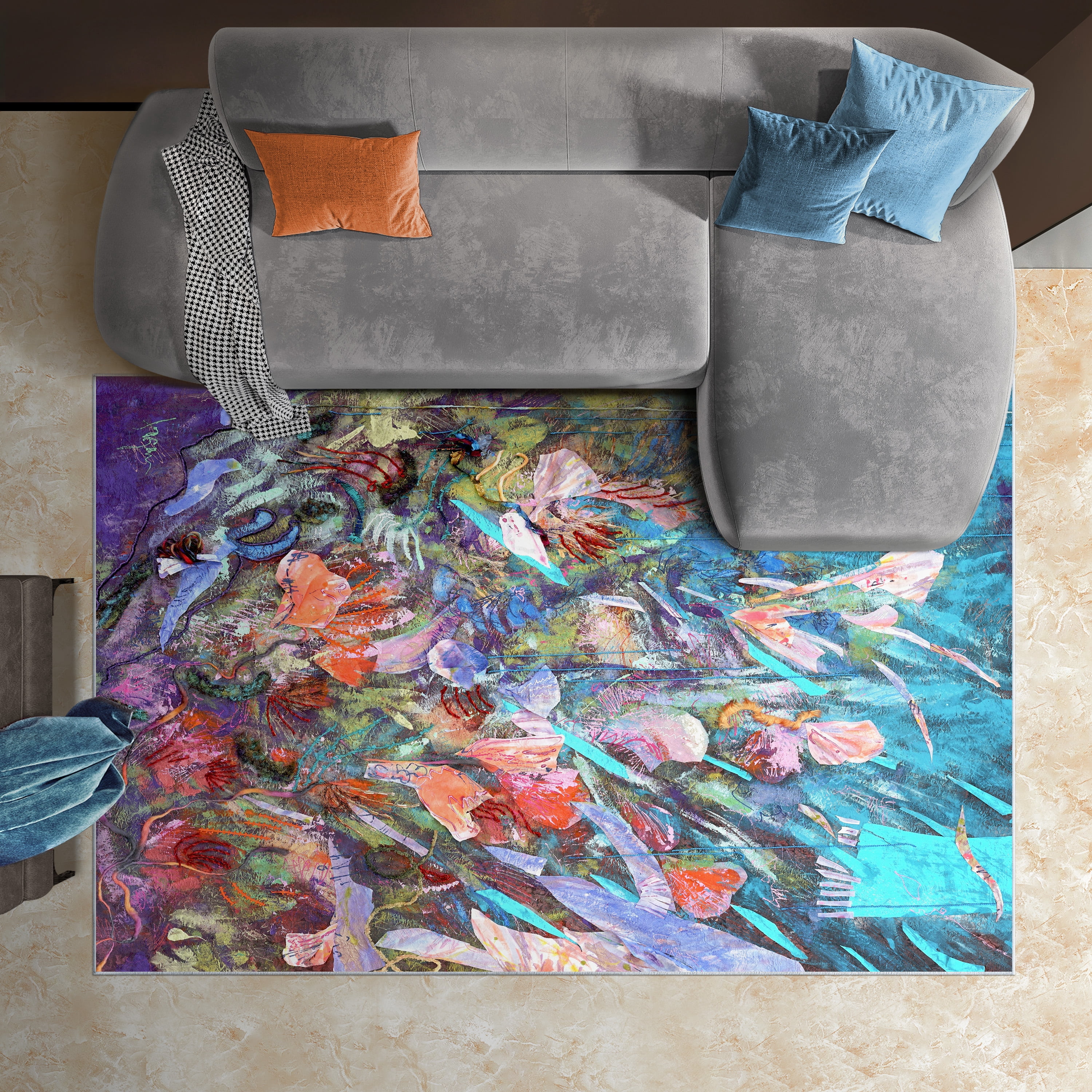 Blue Floral Efflorescence Washable Art Area Rug size 5'x8'