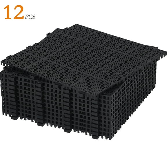 12 PCS Interlocking Deck Tiles 12" x 12", Plastic Patio Tiles Outdoor Flooring Deck Tiles, Waterproof Outdoor All Weather, Floor Tiles for Balcony Backyard Porch Indoor Outdoor, Black(Rosette Pattern)