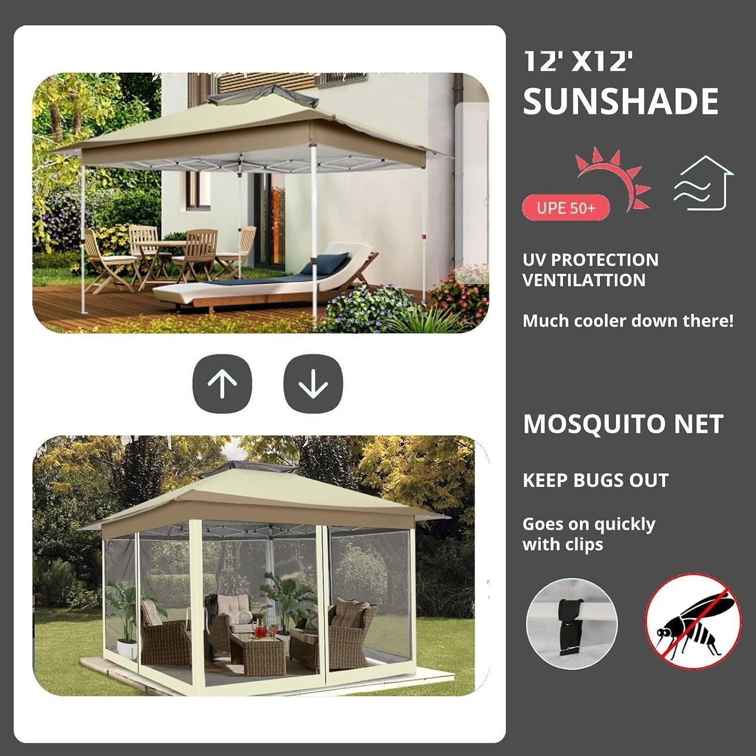 COBIZI 13x13 Pop-up Gazebo Outdoor Gazebo Canopy with Mosquito Netting Patio Tent Backyard Canopy with 2-Tiered Vented Top 3 Adjustable Height and 144 Square ft of Shade, Beige