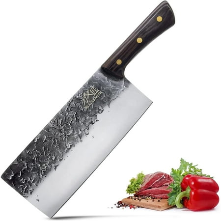 

BLADESMITH Meat Cleaver Hand Forged Chinese Chef Knife Chopping Knife for Meat Cutting and High Carbon Steel Full-tang Vegetable Cleaver Blade 8 with Non-slip Wenge Wood Handle