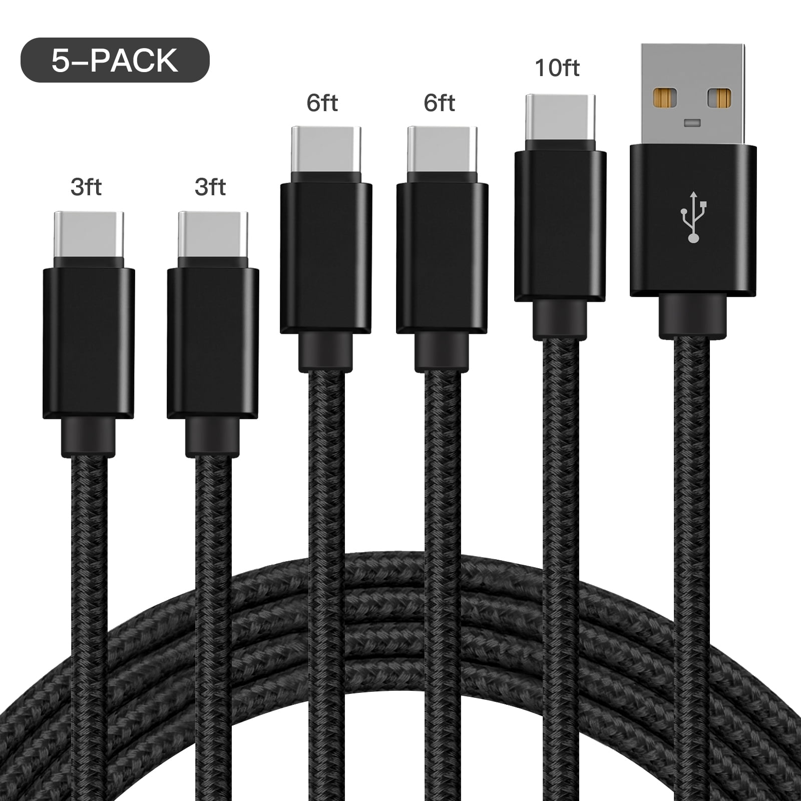 USB C Cable 10ft 6ft 3ft Fast Charge Type-C Data Cable for Samsung Galaxy S20 S10 S10+ S9 S8 Note 9 8 Plus LG Google Pixel Moto, 5-Pack