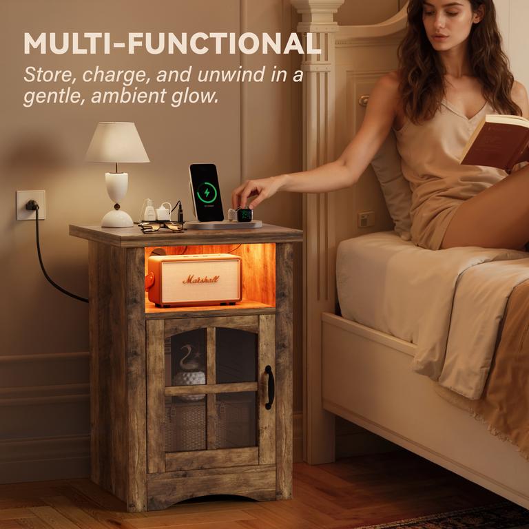 Homall Nightstand with Charging Station & Adjustable LED Lights, End Table Bedside Table with Glass Door & Open Shelf for Bedroom Living Room, Brown