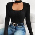 thumbnail image 6 of STETMN Women's Long Sleeve Tops Choker Neck Cutout Front Sexy Blouse Fall Slim Fit Stripe Tee Shirts, 6 of 8