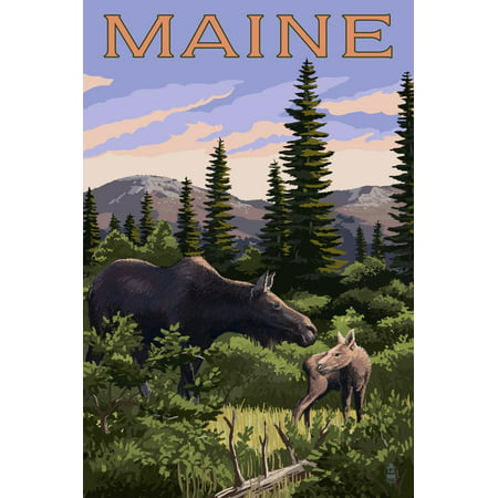 Maine - Moose and Baby Scene Print Wall Art By Lantern