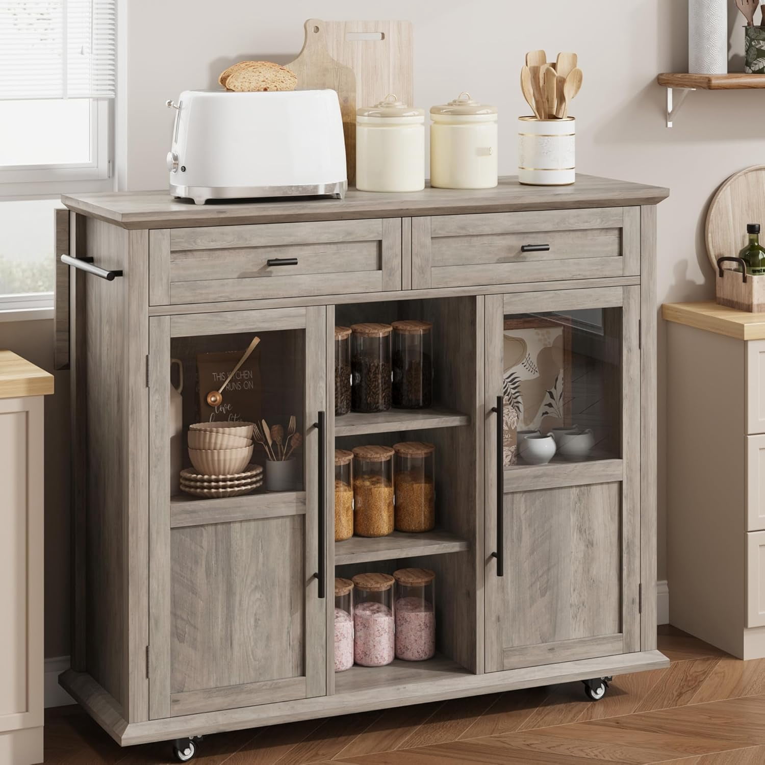 Rolling Kitchen Island Cart with Storage, Foldable Drop Leaf Top, 2 Glass-Door Cabinets, 2 Large Drawers, Spice Rack & Towel Bar, Mobile Kitchen Cart on Lockable Wheels, Grey