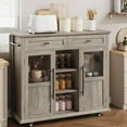 thumbnail image 2 of Rolling Kitchen Island Cart with Storage, Foldable Drop Leaf Top, 2 Glass-Door Cabinets, 2 Large Drawers, Spice Rack & Towel Bar, Mobile Kitchen Cart on Lockable Wheels, Grey, 2 of 7