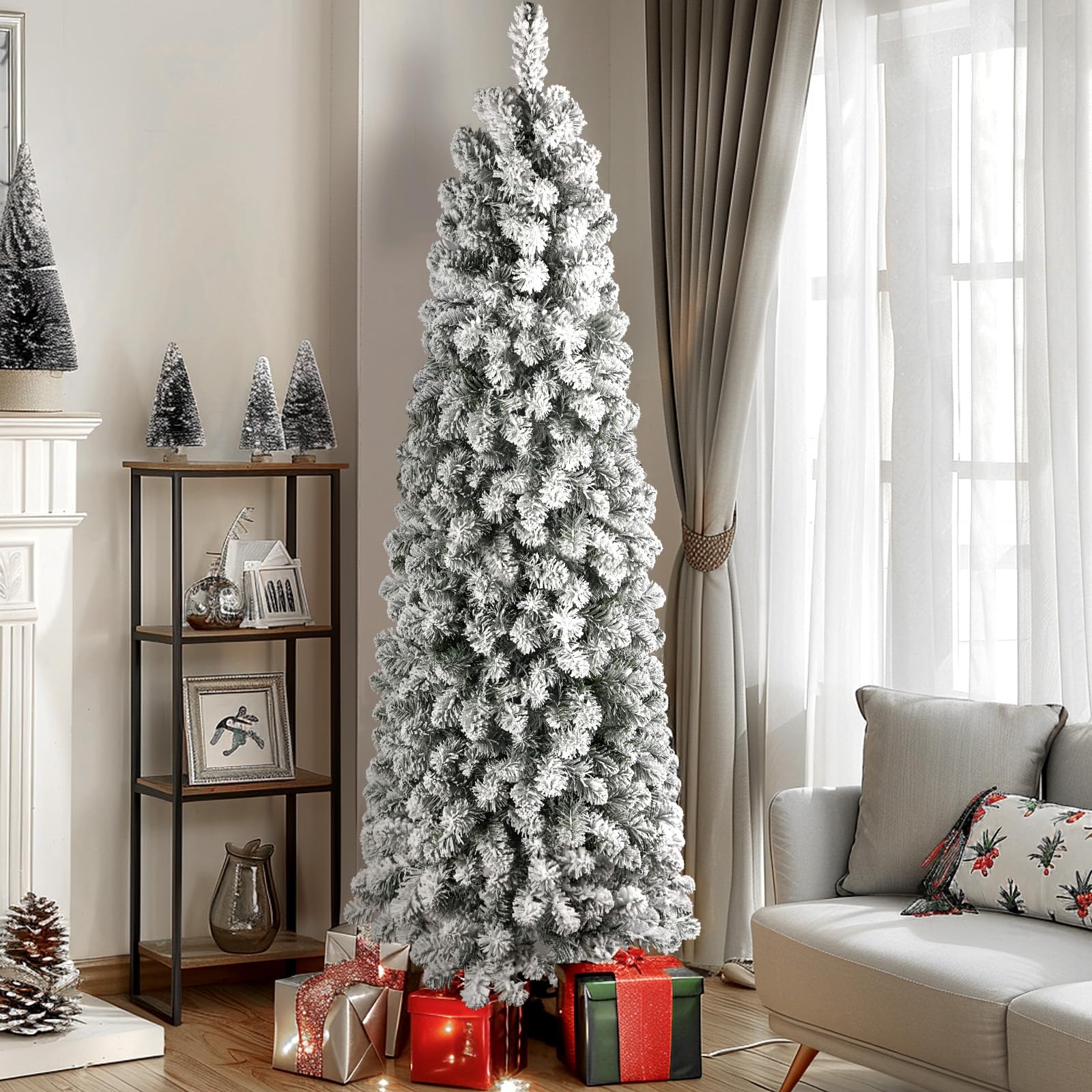 Lolsea 4.5' Pre-Lit Snow Flocked Pencil Christmas Tree, Warm White photo 8