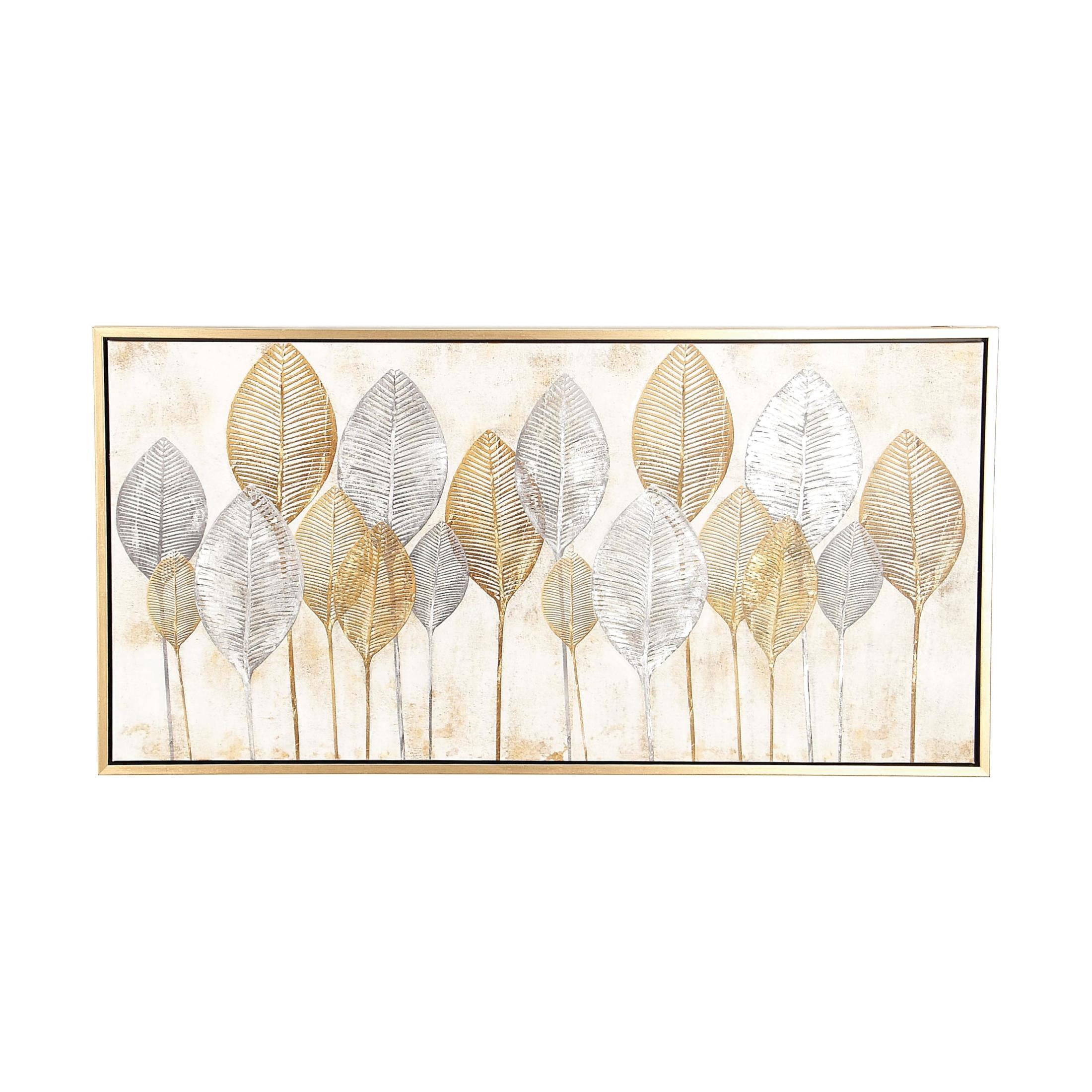 Cosmoliving by Cosmpolitan Contemporary Gold/Silver Leaves Canvas Framed Wall Art, 55"W x 27"H