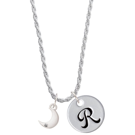 Delight Jewelry Silvertone Small Crescent Moon Silvertone Script Initial Disc - R - Charm Necklace, 20"+3"