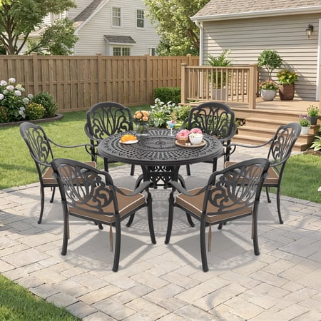 FFZ 7-Piece Cast Aluminum Patio Furniture Set with Carved Details, Black