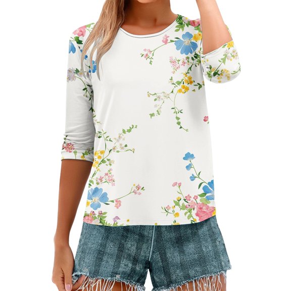 HLKJKLS Long Sleeve Shirts For Women 3/4 Sleeve Spring Print Round Neck Loose T Shirt Fashion Polyester Spandex Casual White S-3Xl
