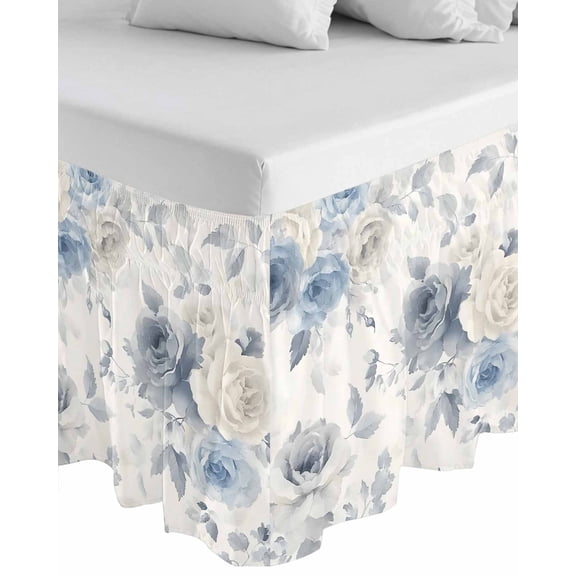 Blue White Floral Wrap Around Bed Skirts for Queen Bed 16" Drop,Bed Skirt with Adjustable Elastic Belt Dust Ruffle Bed Valance for Bedroom Hotel Luxury Botanical Garden Flowers Leaves Bed Frame Cover