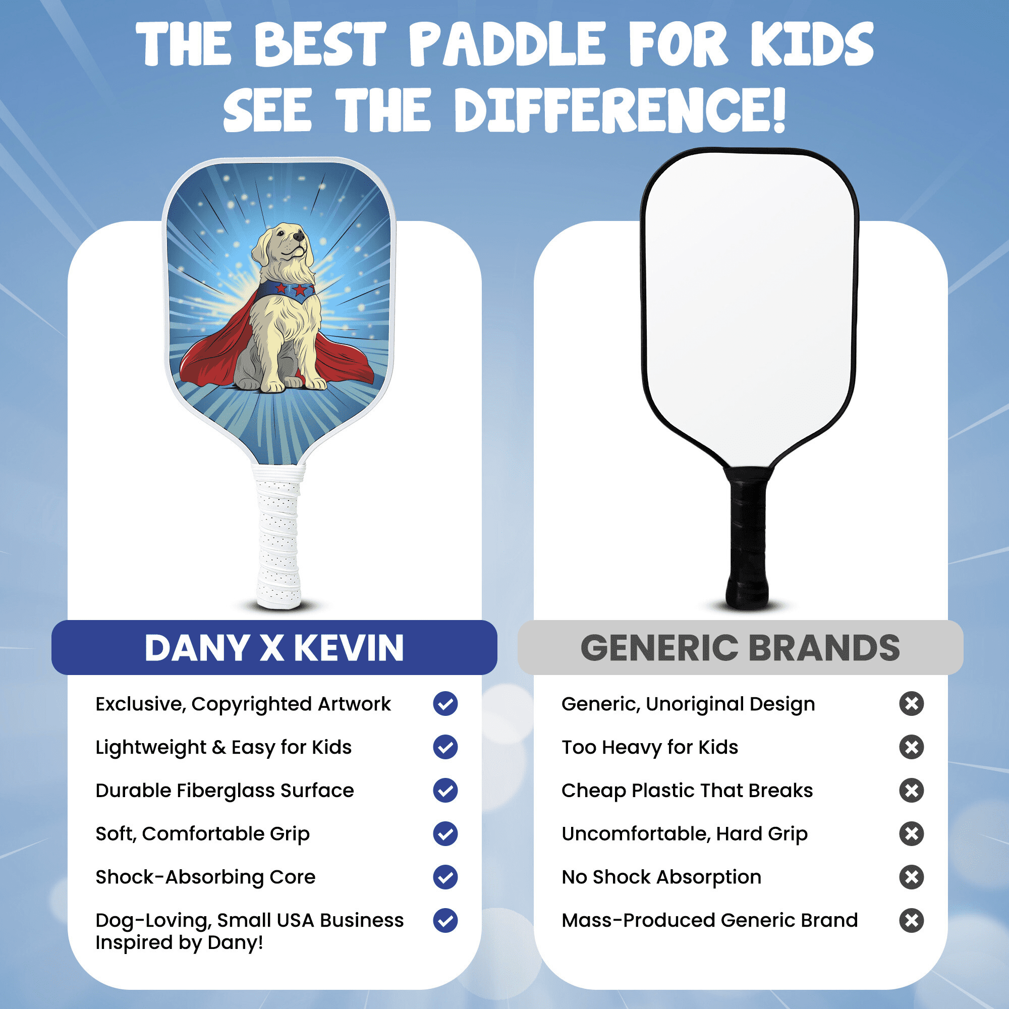 Kids Pickleball Paddle – Dog Design for Ages 3–12 | Lightweight 0.37 lb Fiberglass Paddle with Small Grip | Beginner-Friendly Paddle for Boys & Girls