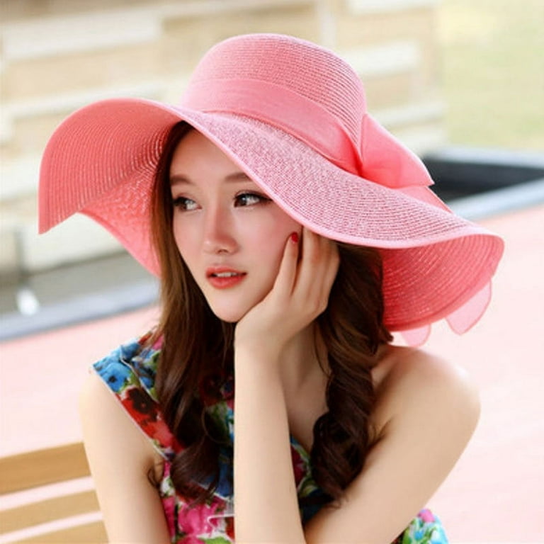 TALENT Women Big Bowknot Floppy Sun Hat Foldable Straw Wide Brim Summer  Beach Cap(Pink)