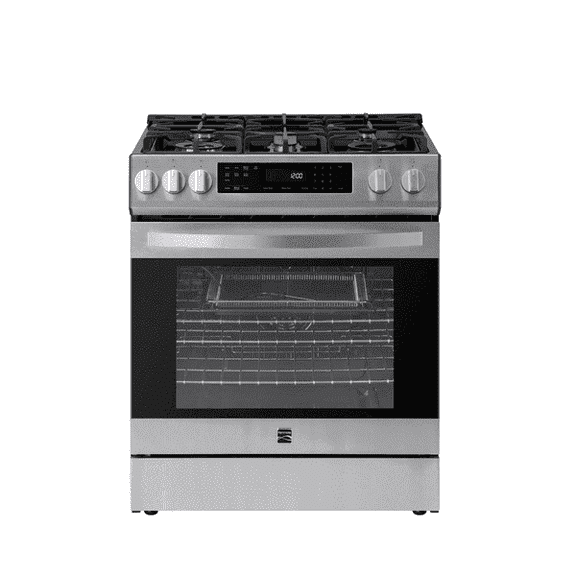 Kenmore 22-76853 5.6 cu. ft. Front-Control 5 Burner True Convection Gas Range with Oven, Large Window, Three Oven Racks, Dishwasher Safe Cast Iron Grates
