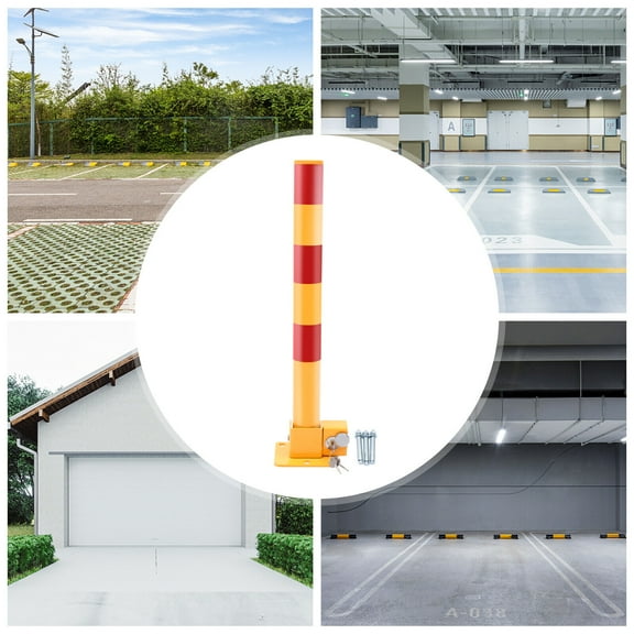 Spring Parking Post, Parking Barrier Parking Lock Folding Heavy Metal Parking Obstacle Pile with Warning Stripes, Parking Piles,Driveway Parking Interceptor Bollard (Red and Yellow)