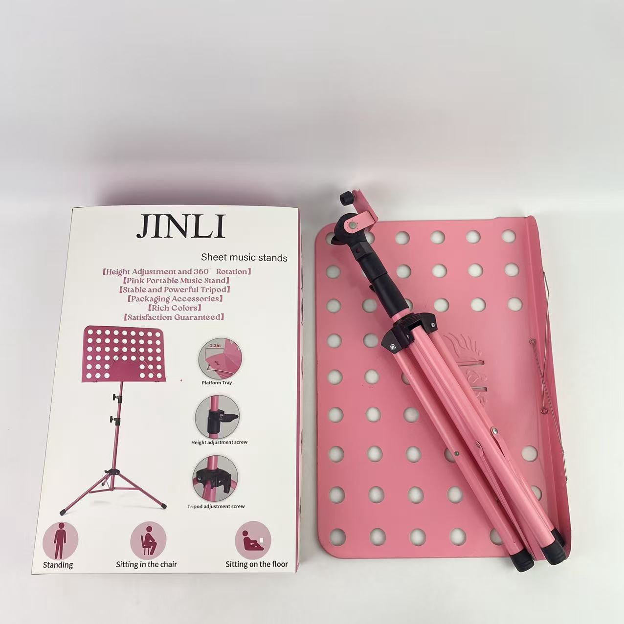 JINLI Sheet music stands ,Pink Music Stand, Portable Music Sheet Stand, Foldable and Height-Adjustable Music Stand with Bag, Sheet Music Clip, Light