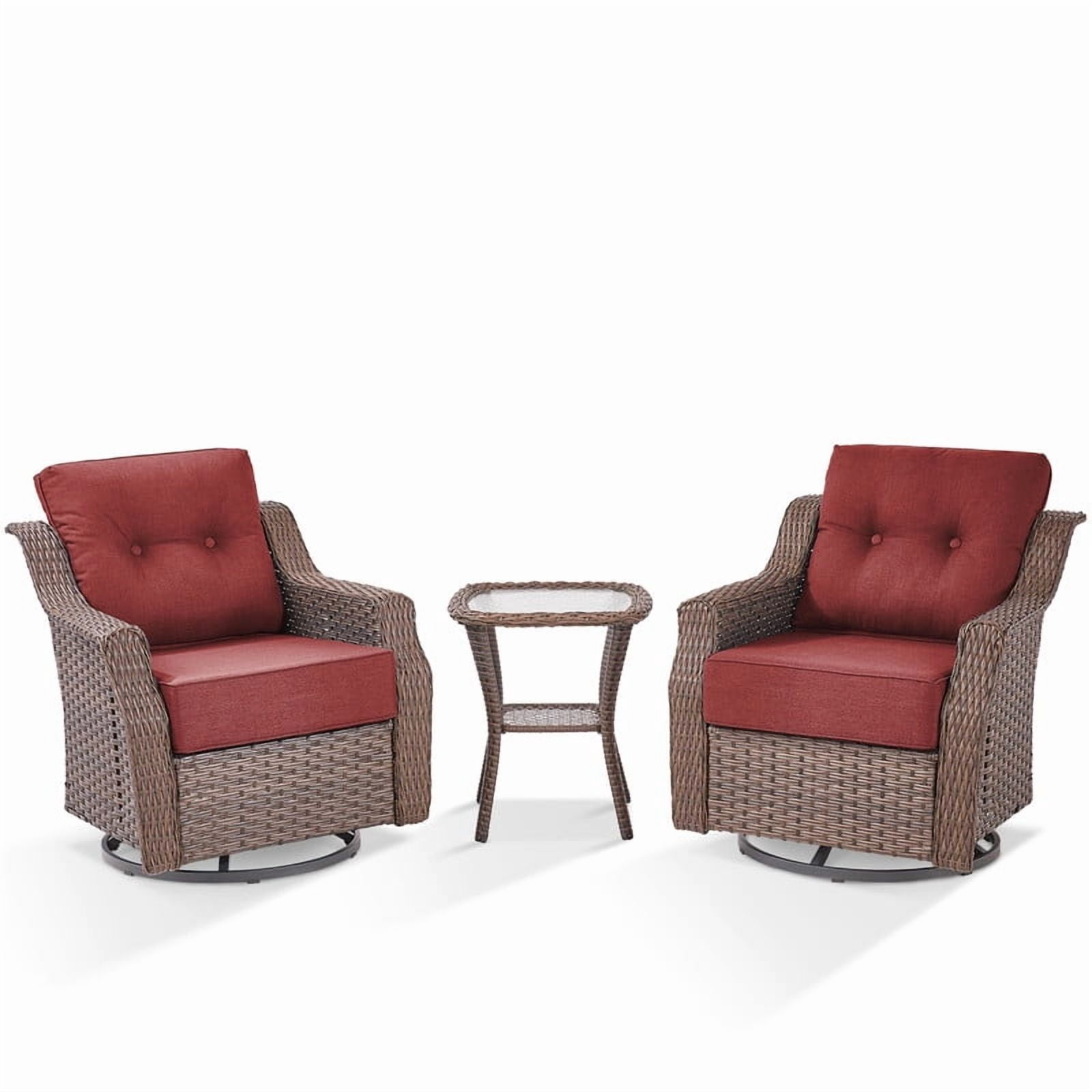 PARKWELL 3-Piece Outdoor Swivel Rocker Chair with Side Table,All-Weather Rattan Swivel Glider Rocking Lounge Chair,Patio Bistro Set for Porch Deck Backyard,Brown/Red