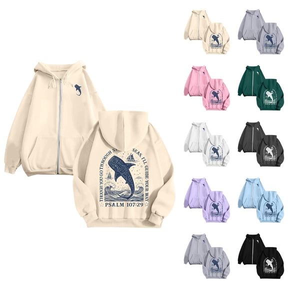 Cute Christian Hoodies for Women Long Sleeve Loose Bible Verse Graphic Hooded Sweatshirt with Pockets Y2k Zip Up Jacket