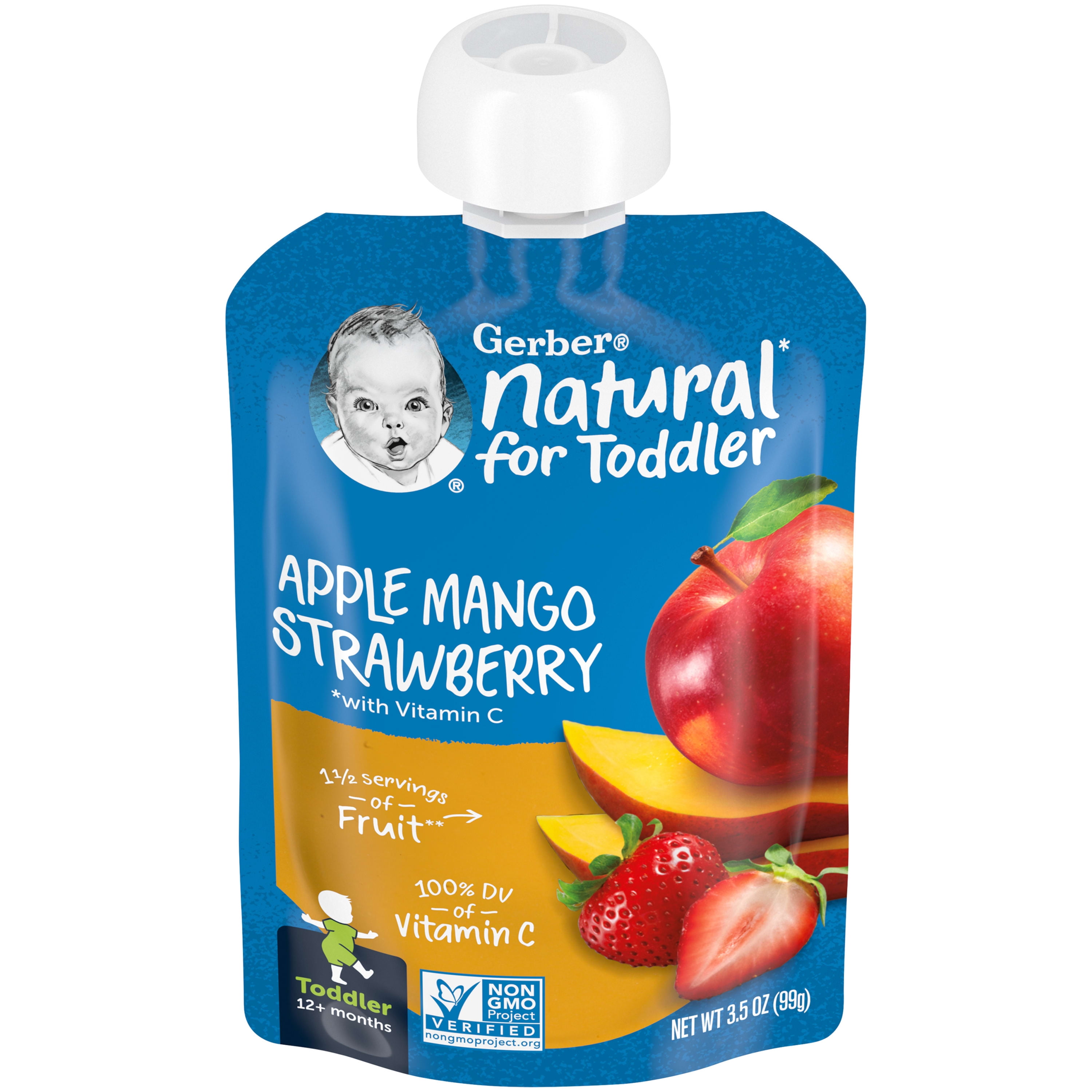Gerber Natural for Toddler, Apple Mango Strawberry Toddler Food, 3.5 oz Pouch (12 Pack)