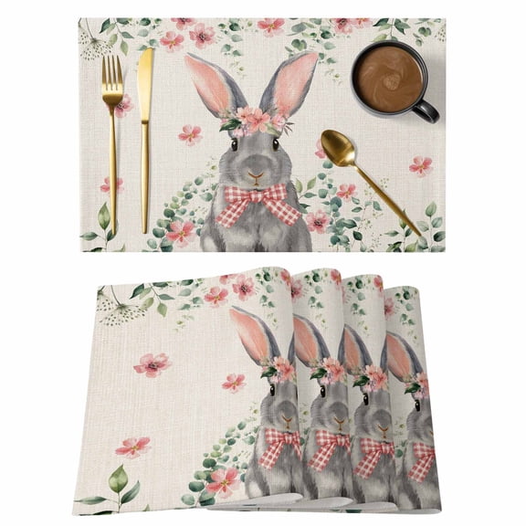 Bunny Easter Placemats Set of 6, Spring Floral Eucalyptus Leaves Rustic Placemats for Dining Table, Place Mats for Kitchen Tabletop, Waterproof Wipeable Dining Table Mats Set
