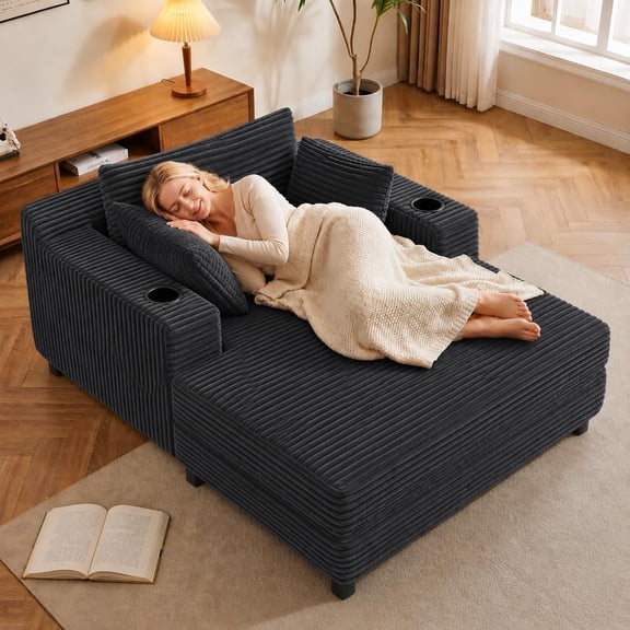 64" Chaise Lounge Chair Indoor, Oversized Sleeper Chair with Wood Frame, Corduroy Bedroom Couch, Reading Chair for Living Room, Deep Seat Sofa Bed with 2 Cup Holders