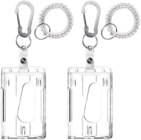 Wrist Card Holder Cruise Lanyard,Wrist Coil ID Badge Holder with Multitool Aluminum Carabiner Clip,Stretchable Spiral Wristband Key Ring,for Lanyard Outdoor Cruise Ship (Clear Vertical, PC)