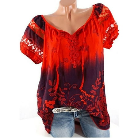 Floral Print Silk Tunic - Plus Size Womens Retro V-Neck Floral Printed Tunic Shirt Blouse Short Sleeve Loose Lace Top