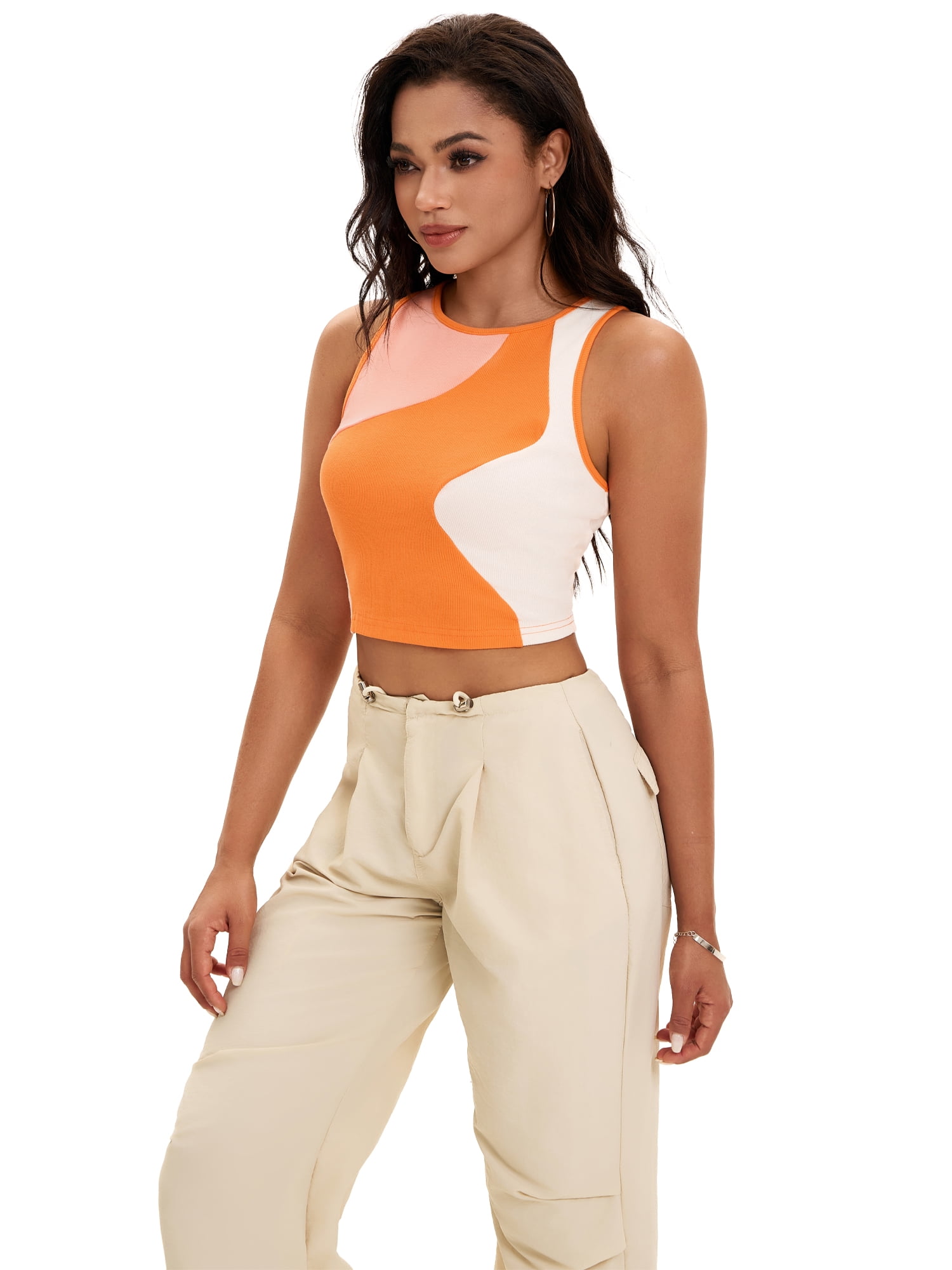 DARING DIVA Women's Color Block Ribbed Sleeveless Crop Tank Tops M Orange