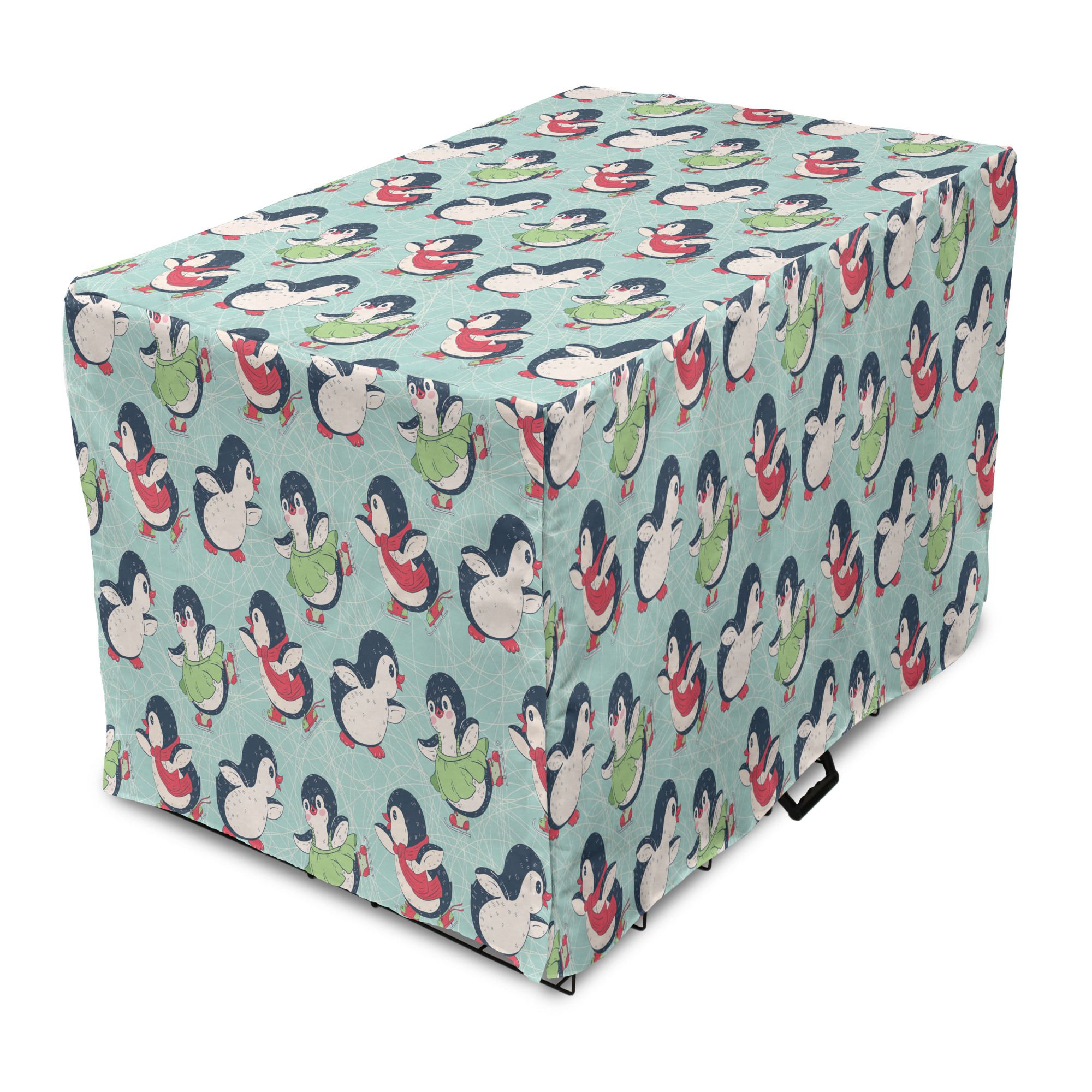 Penguin Dog Crate Cover, Cartoon Arctic Animals Ice Skating with Scarf and Skirts Pattern, Easy to Use Pet Kennel Cover Small Dogs Puppies Kittens, 7 Sizes, Pale Seafoam Multicolor, by Ambesonne - image 1 of 6