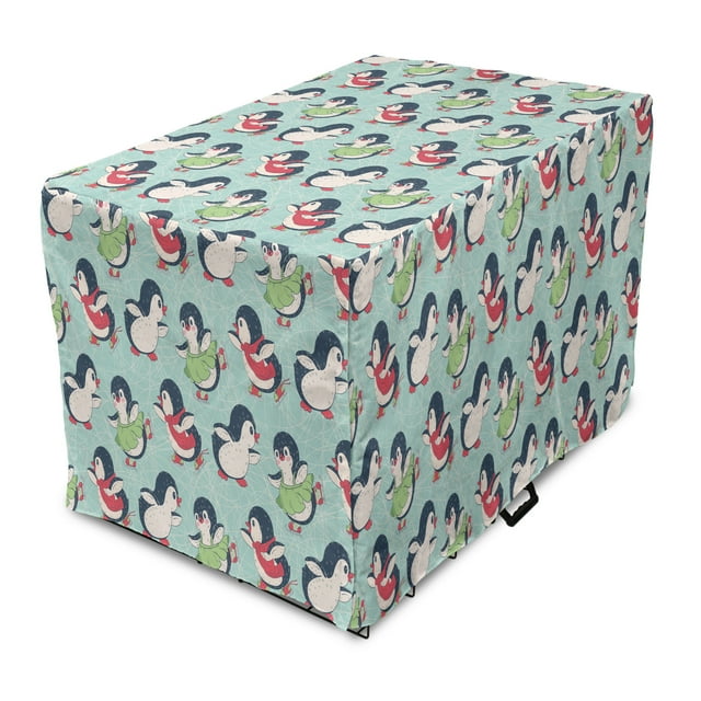 Penguin Dog Crate Cover, Cartoon Arctic Animals Ice Skating with Scarf and Skirts Pattern, Easy to Use Pet Kennel Cover Small Dogs Puppies Kittens, 7 Sizes, Pale Seafoam Multicolor, by Ambesonne