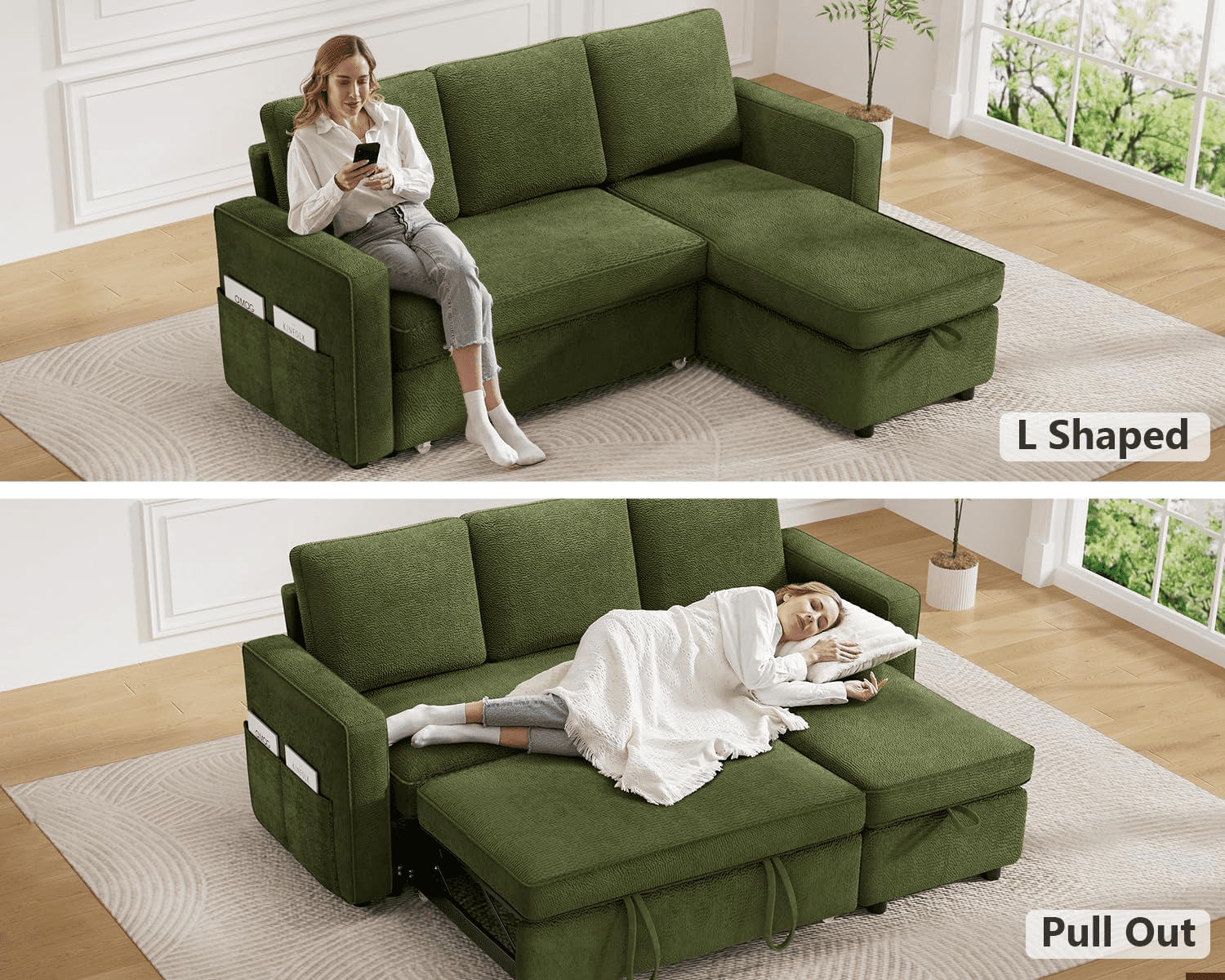 Vipbear 81" Sleeper Sofa Bed with Pull Out Bed, L Shaped Couch Sectional Sleeper Sofa, Pull Out Couch with Reversible Storage Chaise, Side Pockets, Chenille Green