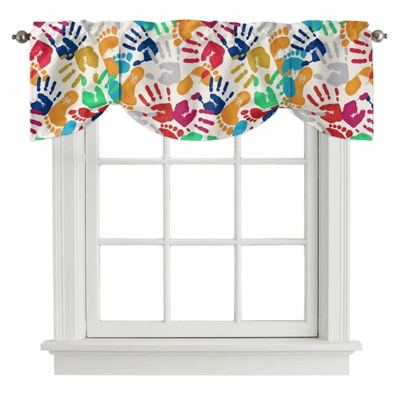 Colorful Handprints Tie Up Valance Curtains for Windows, Kitchen Curtains Window Treatments, Rainbow Abstract Hand Foot Prints Short Window Shades Valances for Bedroom Bathroom Cafe 54"x18"