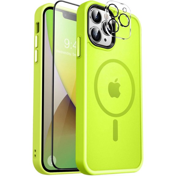 Strong  for iPhone 13 Pro Max Case,[Compatible with Magsafe][Glass Screen Protector Camera Lens Protector] Slim Shockproof Cover Phone Case for iPhone 13 Pro Max 6.7",Fluorescent Green