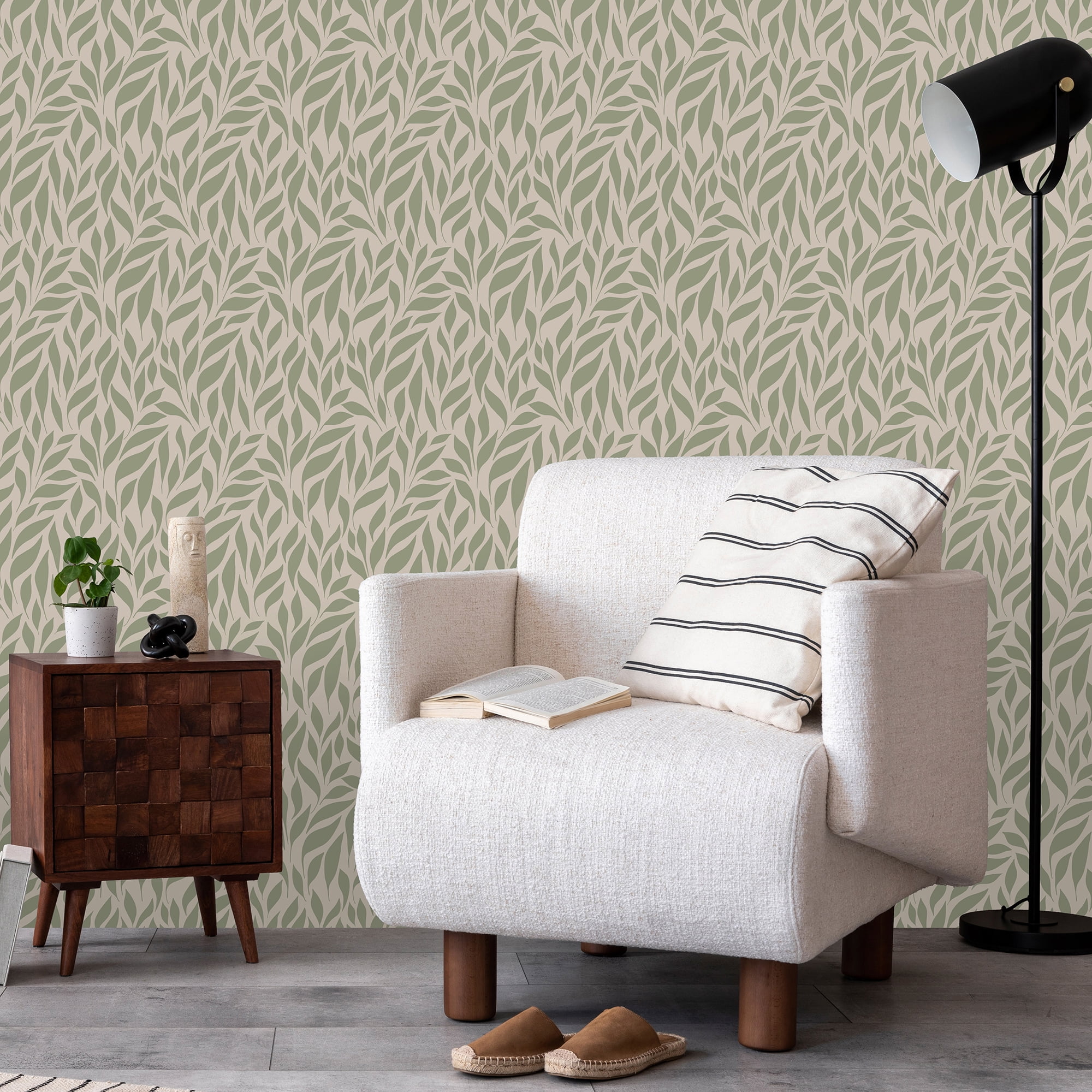 SimurgWallArts - Botanical Peel and Stick Vinyl Nursery Wallpaper – Soft Green Leaf Wall Mural, 19 x 118 in Roll, Covers 15.57 Sq.Ft.