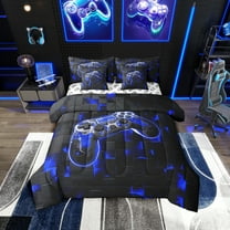 7Pcs Kids Bedding Set Twin Size Gamer Console Comforter Set Bed-in-a-Bag Black and Blue Cool Gamepad Gaming Bed Comforter-1 Comforter,1 Flat Sheet,1 Fitted Sheet,2 Pillowcases,2 Throw Pillow Covers