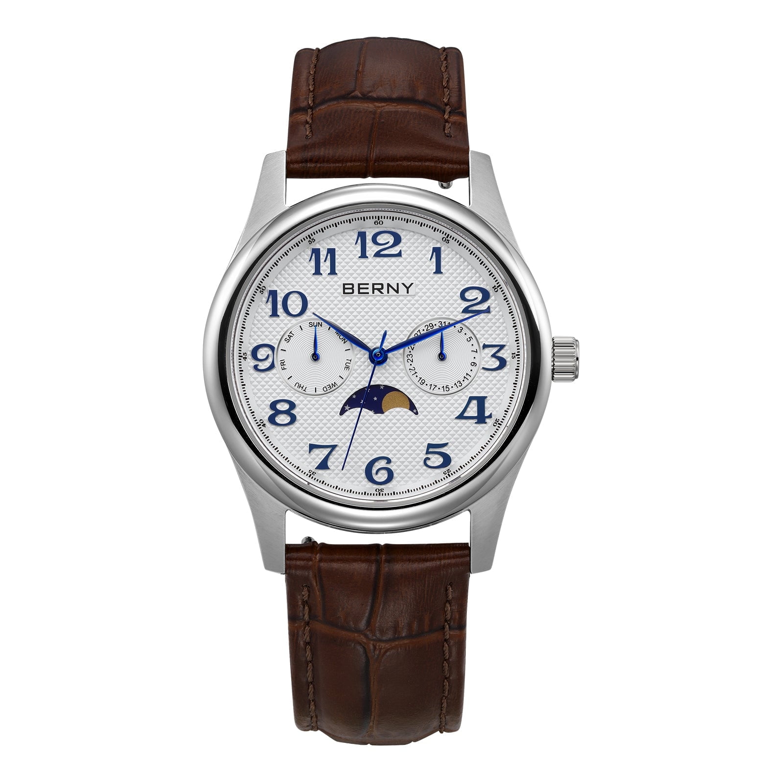BERNY Dress Watches for Men, MultiFunction Leather Watch with Moon Phase, Day & Date Calendar, Stainless Steel Case, Easy to Read, Waterproof, Classic Analog Quartz Wrist Watch (White)