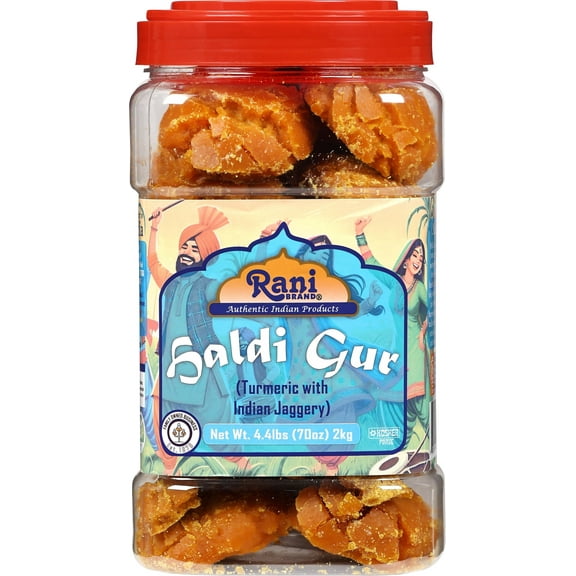 Rani Haldi Gur (Turmeric with Indian Jaggery) Indian Unrefined Raw Cane Sugar 70oz (4.4lbs) 2kg PET Jar ~ Gluten Friendly | Vegan | NON-GMO | Kosher | No Salt or fillers | Indian Product