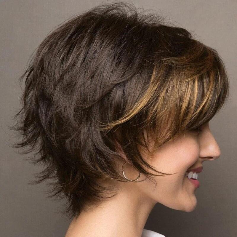 Wig short straight hair fluffy short bangs dark brown women's oblique bangs wig