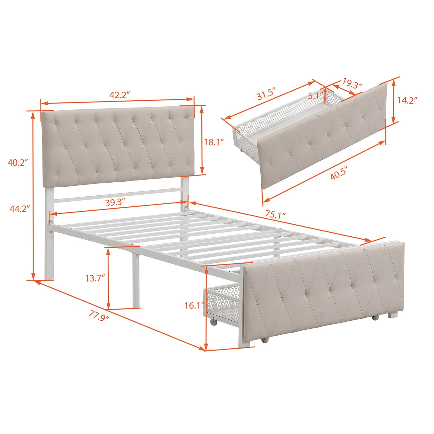 Kadyn Metal Platform Twin Bed Frame with Storage Drawer, Twin Platform Bed Frame with Upholstered Headboard, No Box Spring Needed, Beige&Twin