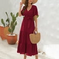 thumbnail image 2 of Akafmk Summer Dresses for Women Casual Dresses,Solid Color Round Neck Long Dress Short Sleeve Maxi Dresses Ruffled Hem A Line Beach Sundress, 2 of 5