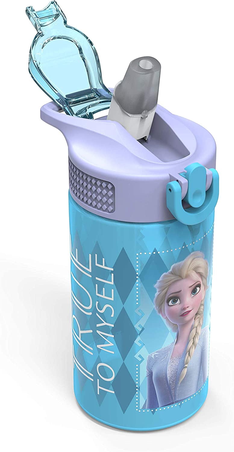 Zak Designs 2pc 16 oz Disney Frozen 2 Movie Kids Water Bottle Plastic with Easy-Open Locking Spout Cover for Travel, Anna and Elsa